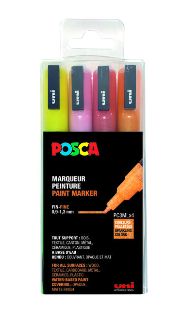 Posca - Paintmarker Uni PC fines paillettes chaudes assorties lot de 4 pièces