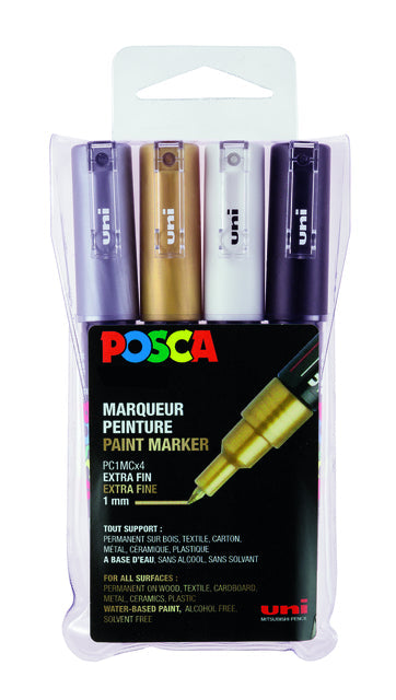 Posca - Uni POSCA paintmarker PC-1MC, 0,7 mm, etui met 4 stuks in geassorteerde metallic kleuren