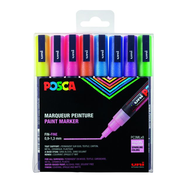 Posca - Paintmarker Uni PCfine pastel pailleté assorti lot de 8 pièces