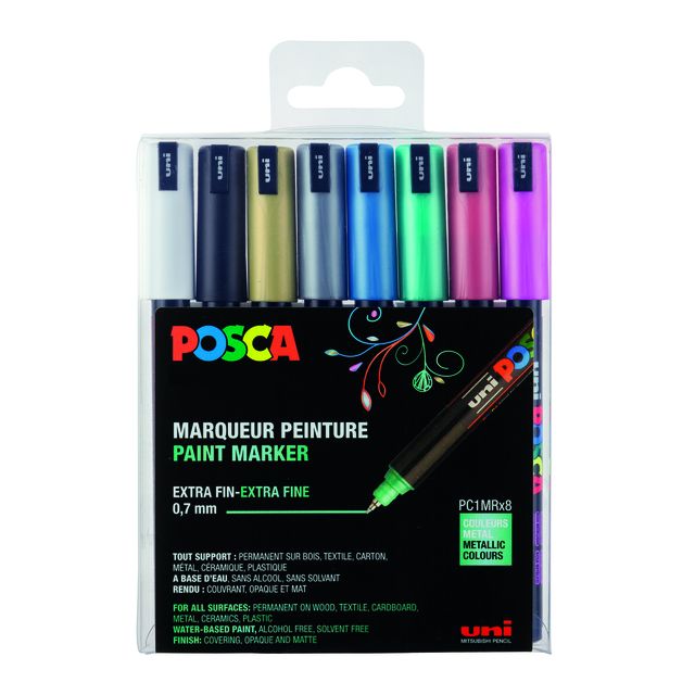 Posca - Marqueur peinture Uni PC-1MR, 0,7 mm, étui de 8 pièces couleurs métallisées assorties