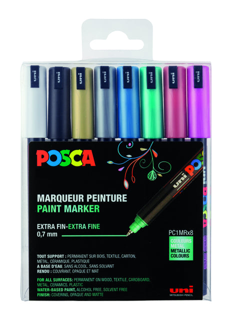 Posca - Paintmarker Uni PC1MR extra fein metallic, sortiertes Set mit 8 Stück