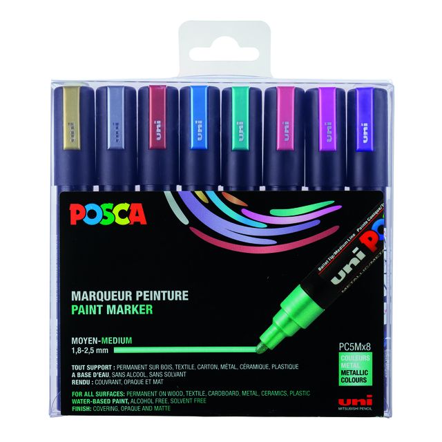 Posca - Paintmarker Uni PC5M medium métallisé assorti lot de 8 pièces