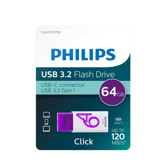 Philips -  Click USB flash drive 64 GB USB Type-C 3.2 Gen 1 (3.1 Gen 1) Violet, Wit