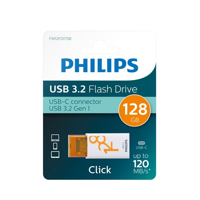 Philips -  USB 3.2 128GB Click Series Gen 1 USB-C USB flash drive USB Type-C 3.2 Gen 1 (3.1 Gen 1) Wit