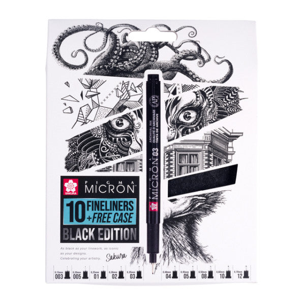 Fineliner Sakura Pigma Micron Black Edition set à 10 breedtes + grat..