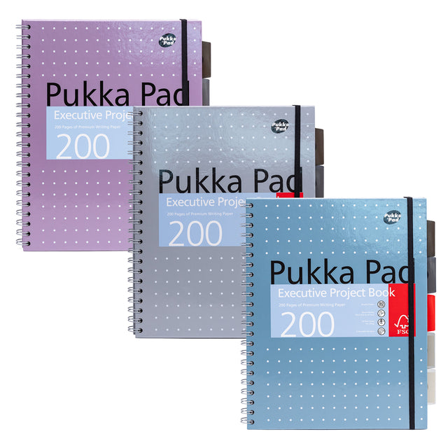 Pukka Pad – Projektbuchblock Metallic Executive A4-Linie, 5 Register, 4 Löcher, 200 Seiten, 80 g, sortiert