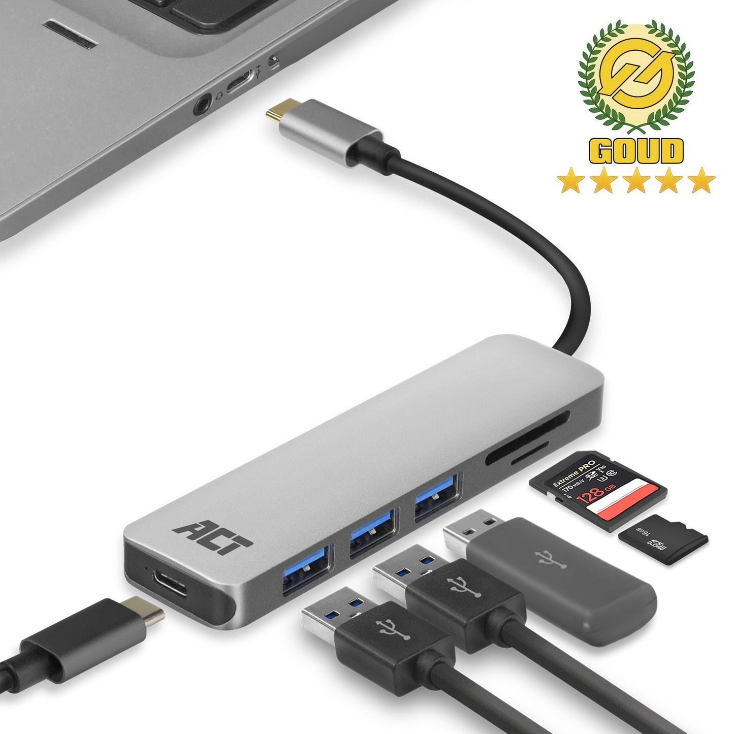 ACT -   USB-C hub 3.0, 3x USB-A, cardreader, PD pass-through