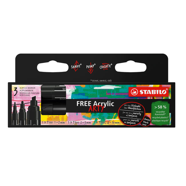 Stabilo -  Acrylmarker Free Acrylic Mixed Tip set à 3 breedtes zwart | 5 stuks