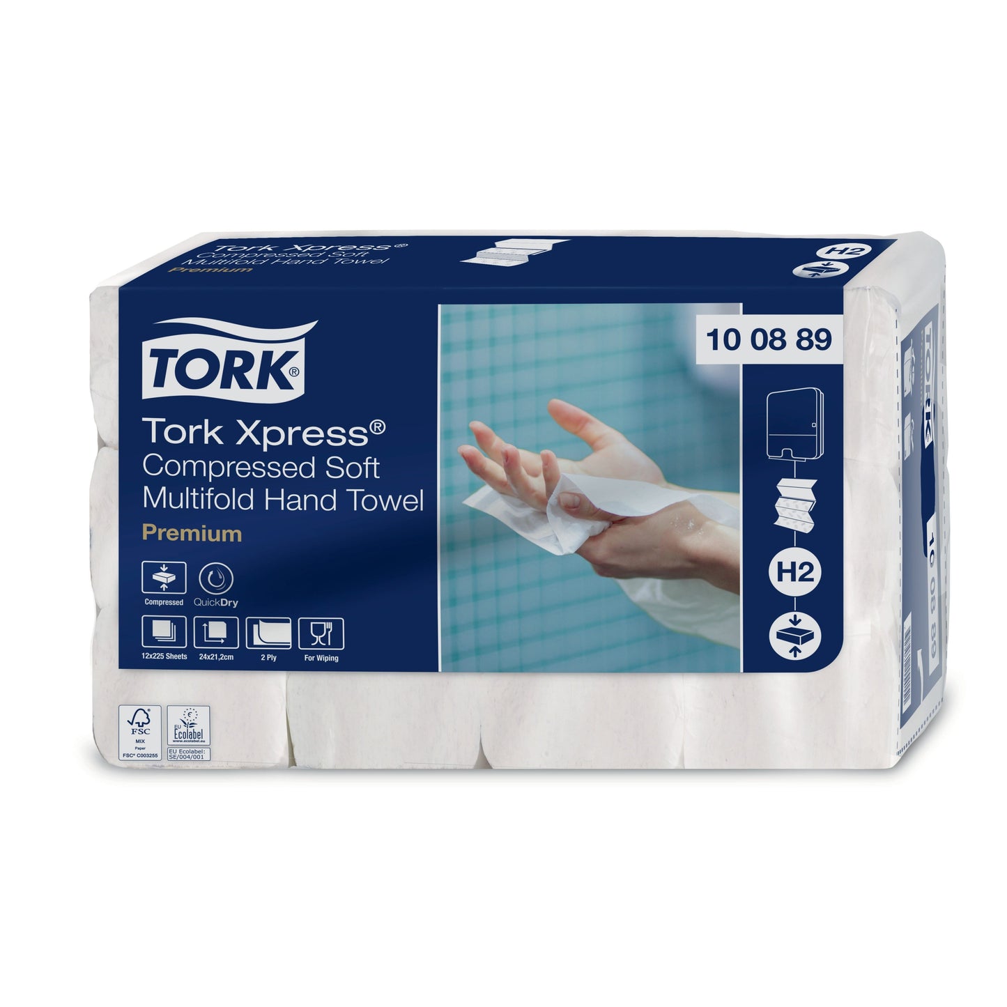 Tork -  Handdoek H2 Xpress compressed multifold 2-laags 212x240mm 12x225 vel wit 100889