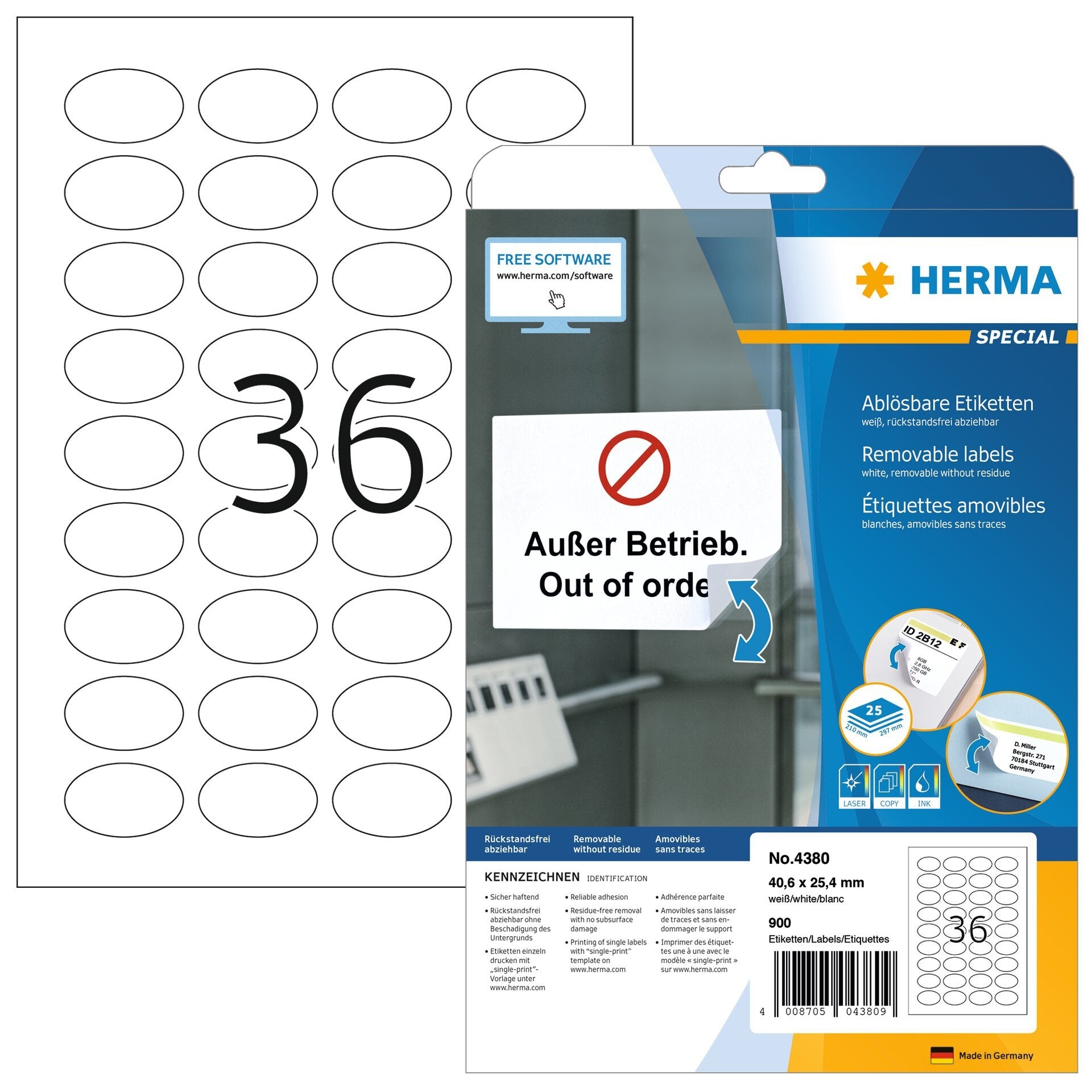 HERMA -  Etiket  4380 ovaal 40.6x25.4mm wit 900st