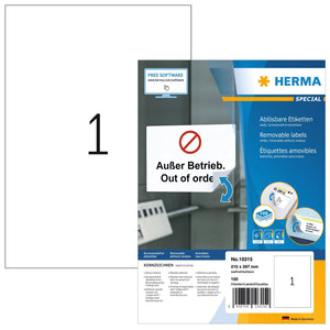 HERMA -  Etiket  10315 210x297mm verwijderb wit 100st
