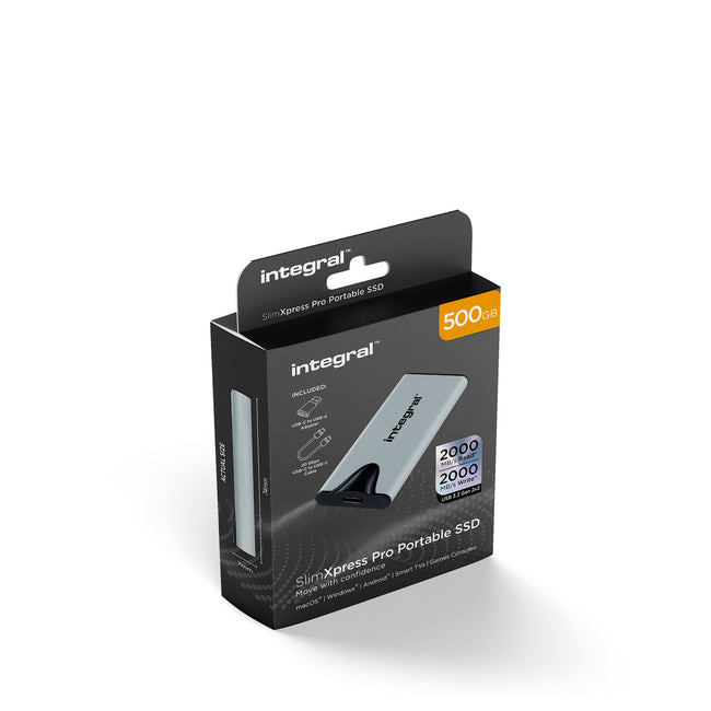Integral -  SlimXpress Pro INSSD500GPORT3.2SLIMXS externe solide-state drive Thunderbolt technologie 500 GB USB Type-C USB 3.2 Gen 2x2 Zilver