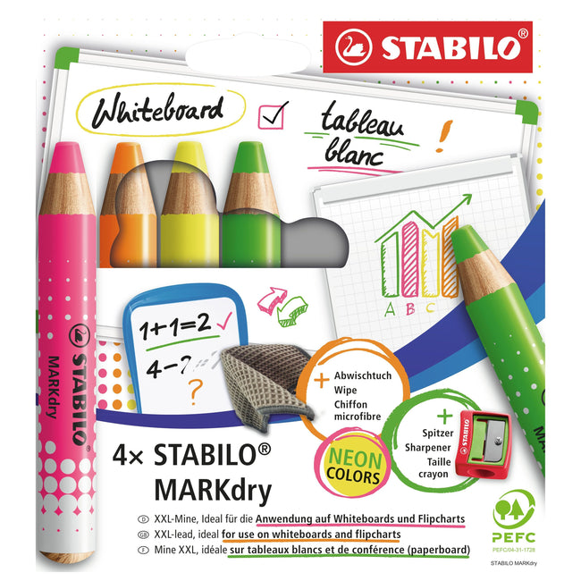 Stabilo -  Whiteboardpotlood markdry 4st neon kleuren