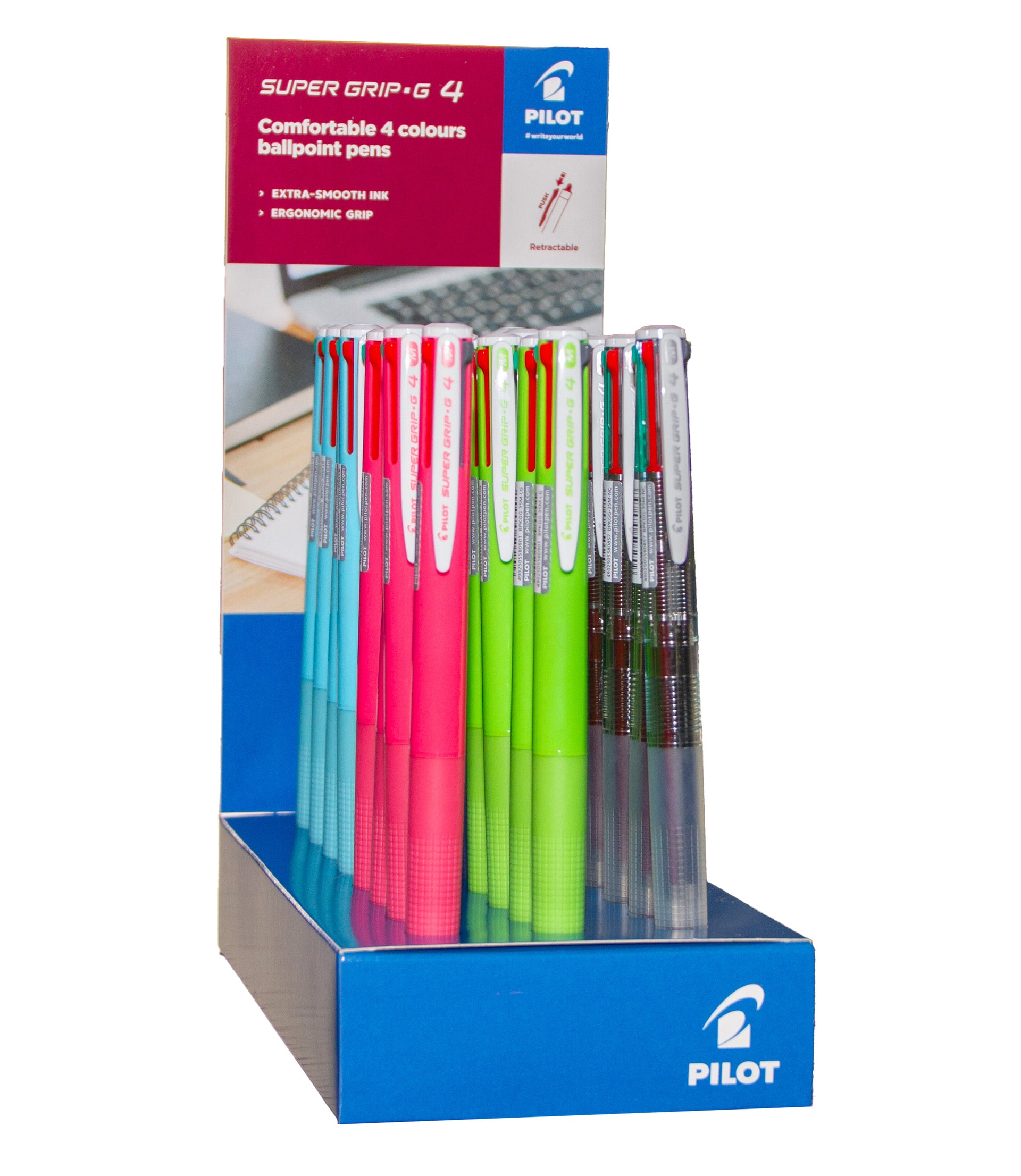 Pilot -  4-kleuren balpen  super grip ass displ à 24x