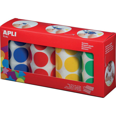 Apli Kids - Stickers enfants cercles XL, diamètre 33 mm, boîte de 4 rouleaux de 4 couleurs