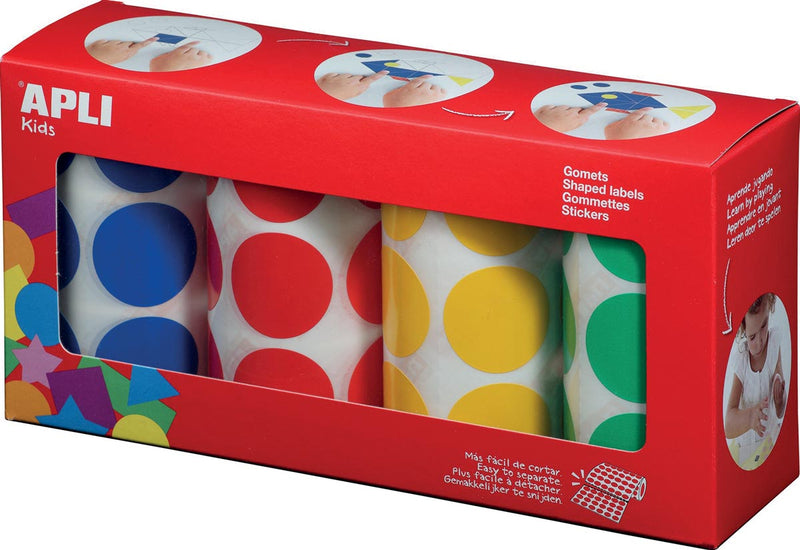 Apli Kids - Stickers enfants cercles XL, diamètre 33 mm, boîte de 4 rouleaux de 4 couleurs