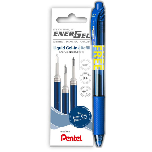 Pentel - Recharge pour graveur gel LR7 Energel avec stylo gel offert bleu moyen blister de 3 pièces