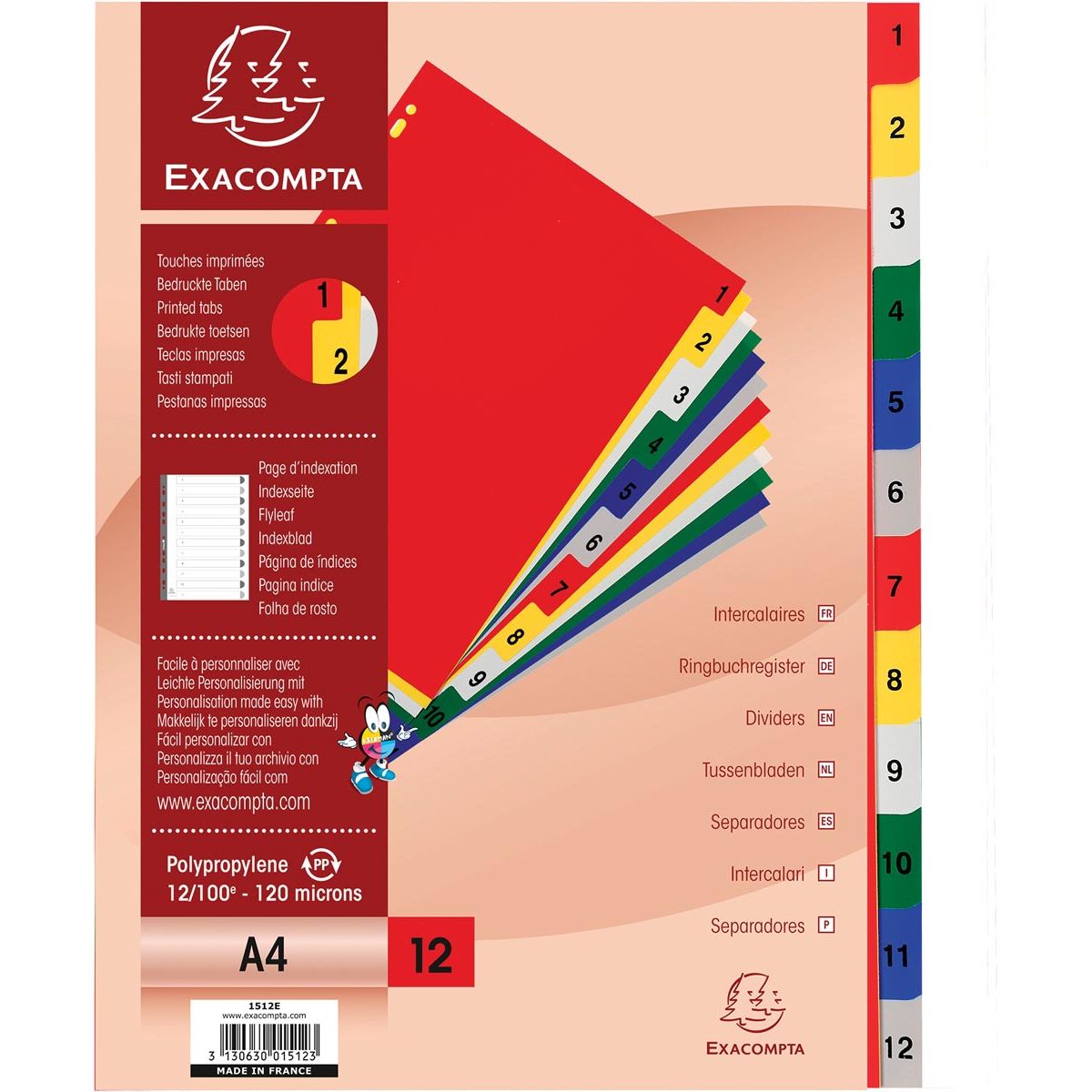 Exacompta - onglets numériques pour ft A4, en PP 12/100e, 12 onglets couleurs, avec feuille d'index, blanc