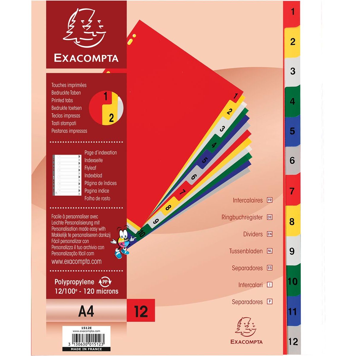 EXACOMPTA - TABS NUMÉRIQUE POUR FT A4, à partir de PP 12 / 100e, 12 Color TOBS, avec feuille d'index, blanc