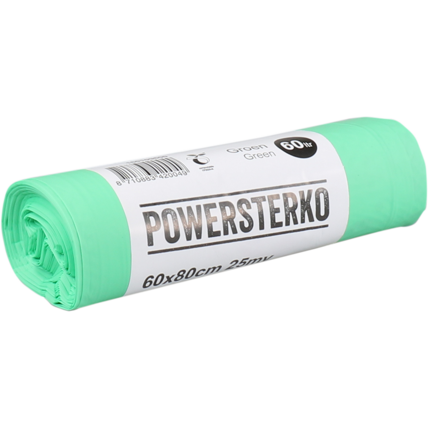 PowerSterko - Sac poubelle | Bioplastique à base de mélange d'amidon | 60l | 60x80cm | 25my | vert | 24 rouleaux
