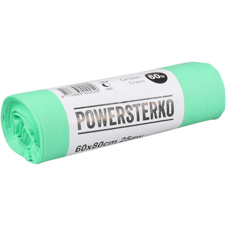 PowerSterko - Sac poubelle | Bioplastique à base de mélange d'amidon | 60l | 60x80cm | 25my | vert | 24 rouleaux