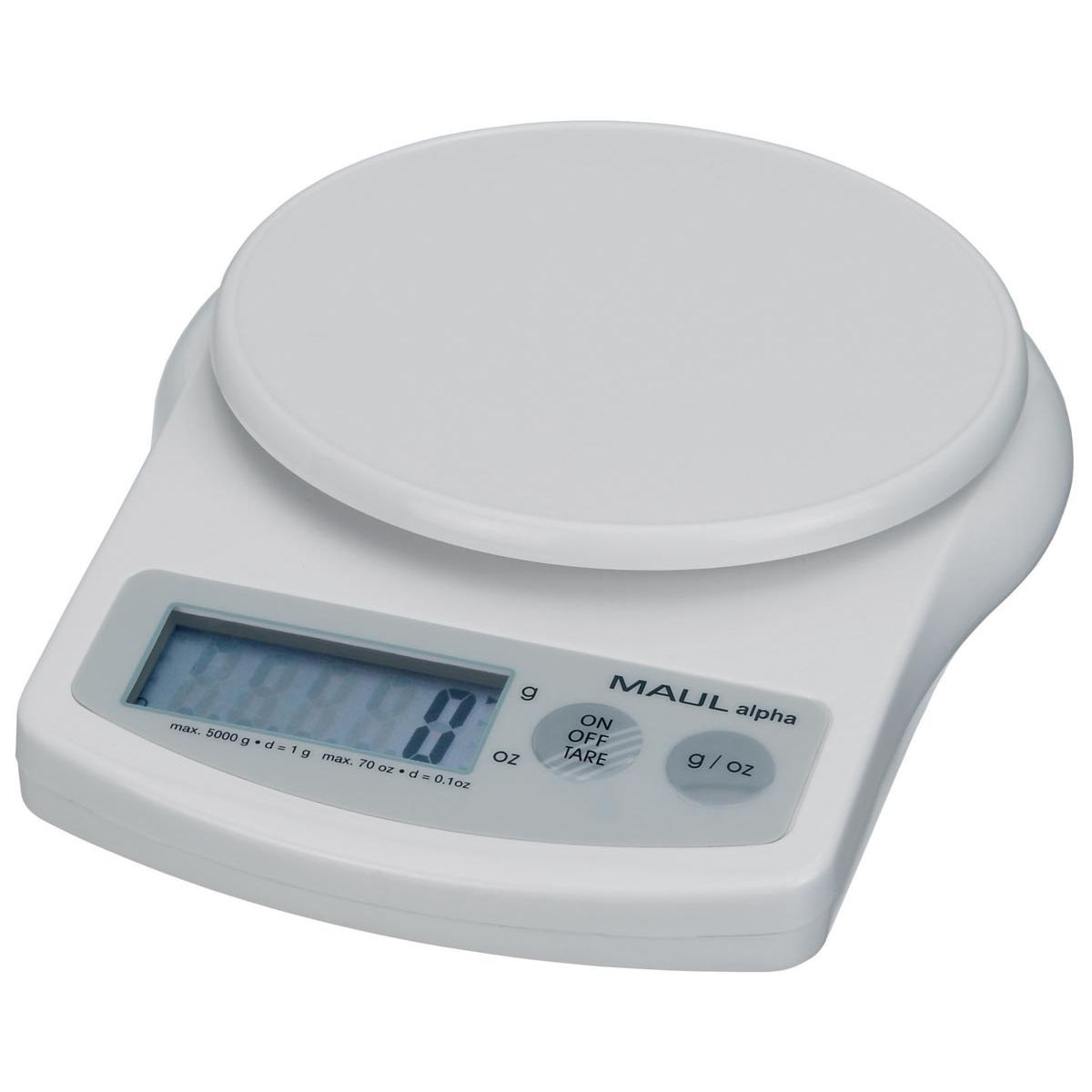 Maul -  postweegschaal Alpha, weegt tot 5 kg, gewichtsinterval van 1 gram, incl. batterij, wit