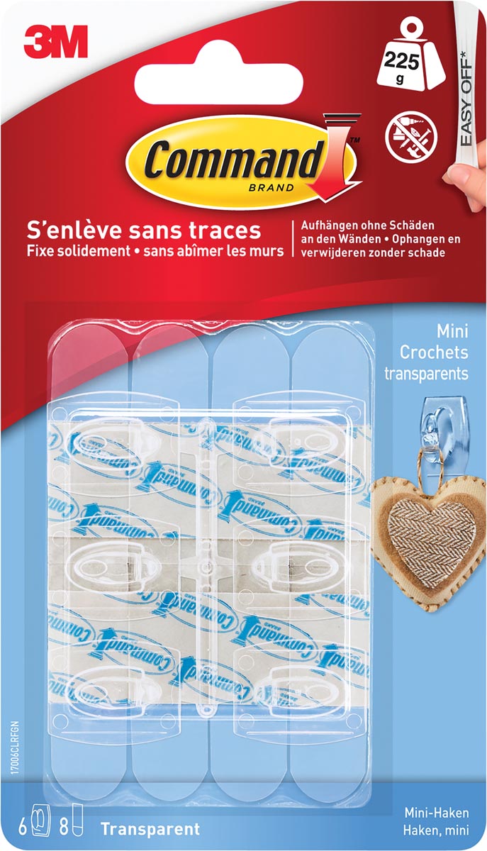 Command -  decohaak, small, draagvermogen 225 gram, transparant, blister van 6 stuks