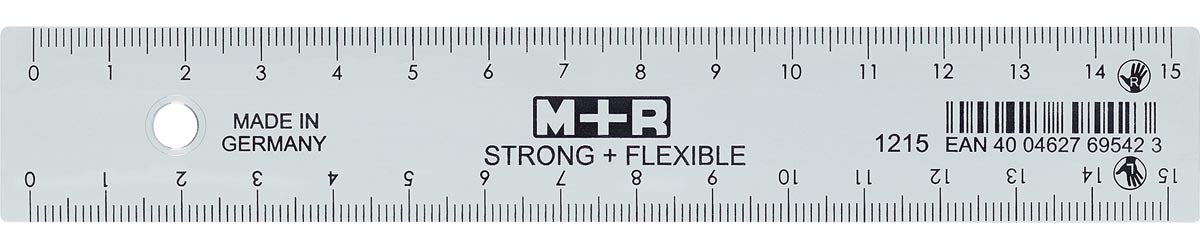 M+R - Latte Strong Flexible, avec échelle pour droitiers et gauchers, 15 cm, transparente