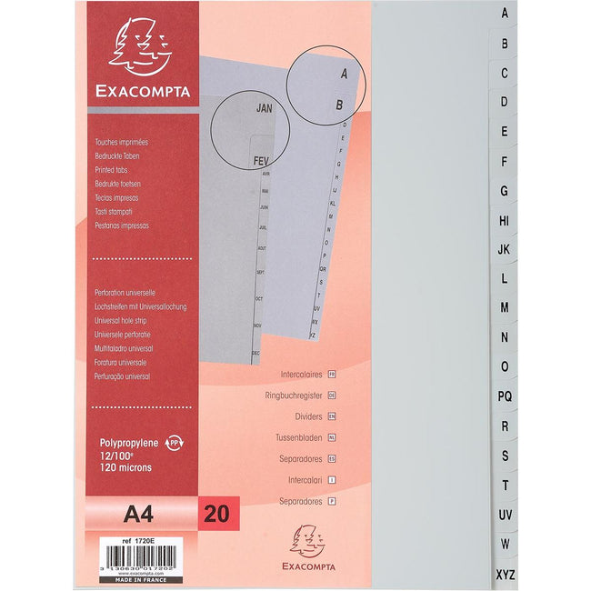 Exacompta -  tabbladen voor ft A4, uit PP, van A tot Z, 20 tabs, grijs