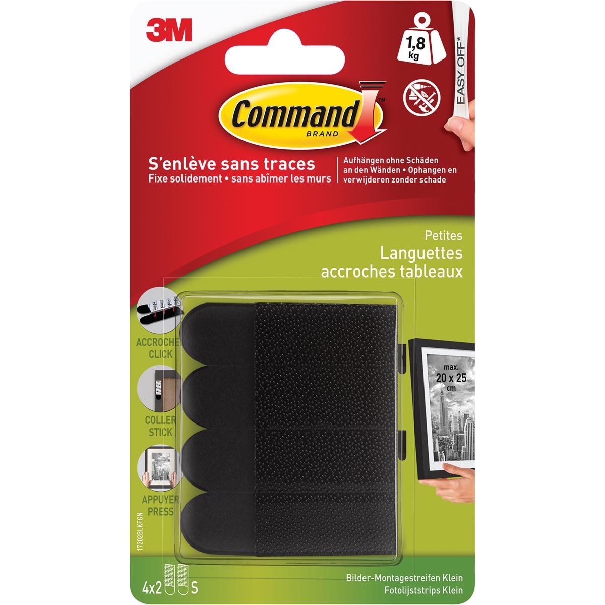 Command - bande de cadre photo, petite, capacité de charge 1,8 kg, noir, blister de 8 pièces