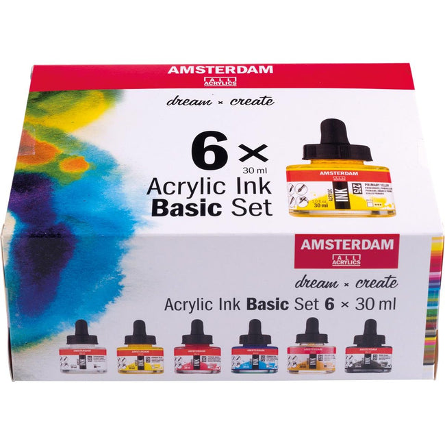 Amsterdam - Amsterdam acryl inkt Bassisset, set met 6 flacons van 30 ml, assorti