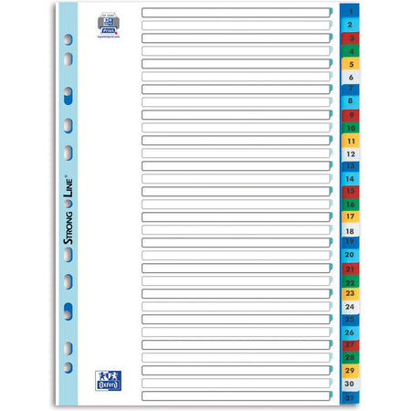 Oxford - onglets, format A4, en PP, perforation 11 trous, onglets colorés, jeu 1-31