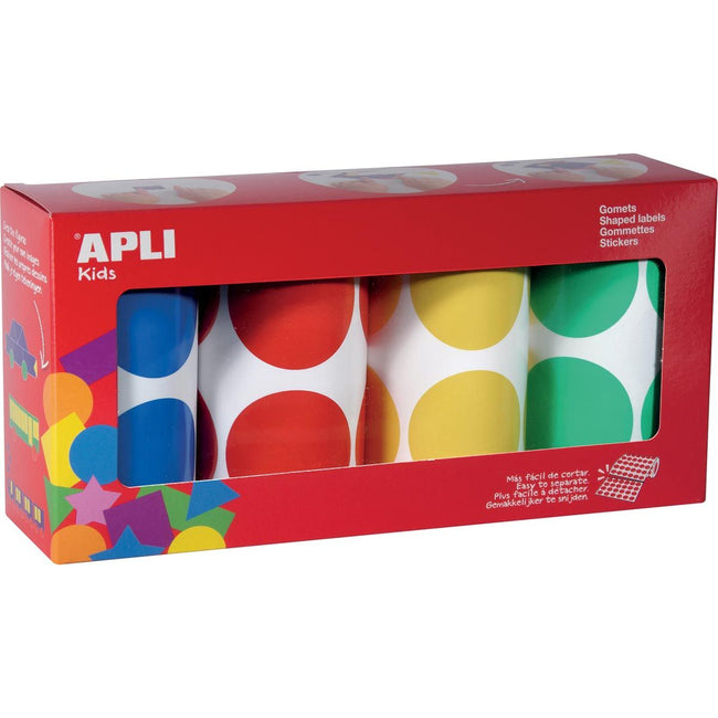 APLI Kids - Kinderaufkleber XL -Kreise, Durchmesser 45 mm, Box mit 4 Rollen in 4 Farben