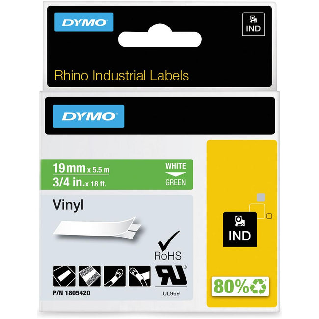 Dymo - Rhino vinyle 19 mm, blanc par vert