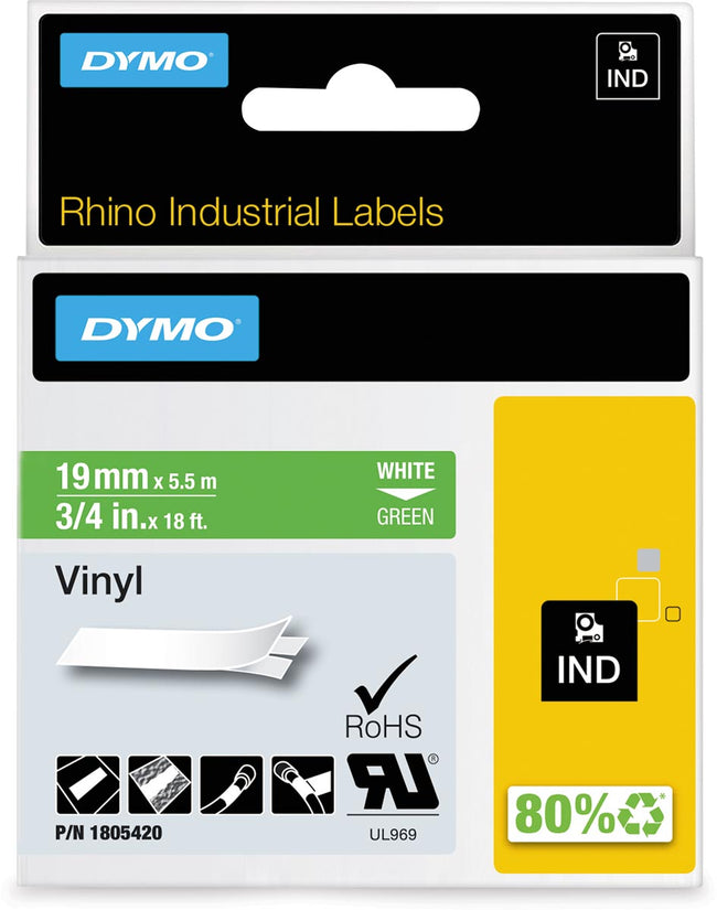 Dymo - RHINO vinyle 19 mm, wit op groen