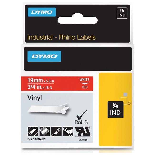 Dymo - Rhino vinyle 19 mm, blanc sur rouge