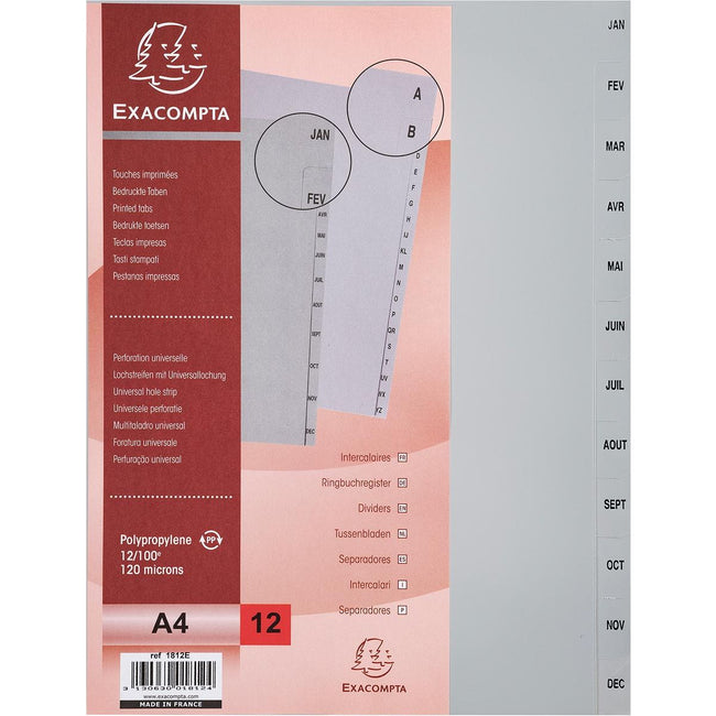 Exacompta -  tabbladen maandelijks A4, uit PP, 12 tabs, jan-dec, grijs, Frans