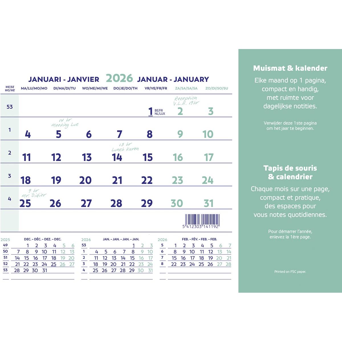 Brepols – Mauspad-Kalender, ft 23X18 cm, Niederländisch-Französisch, 2026