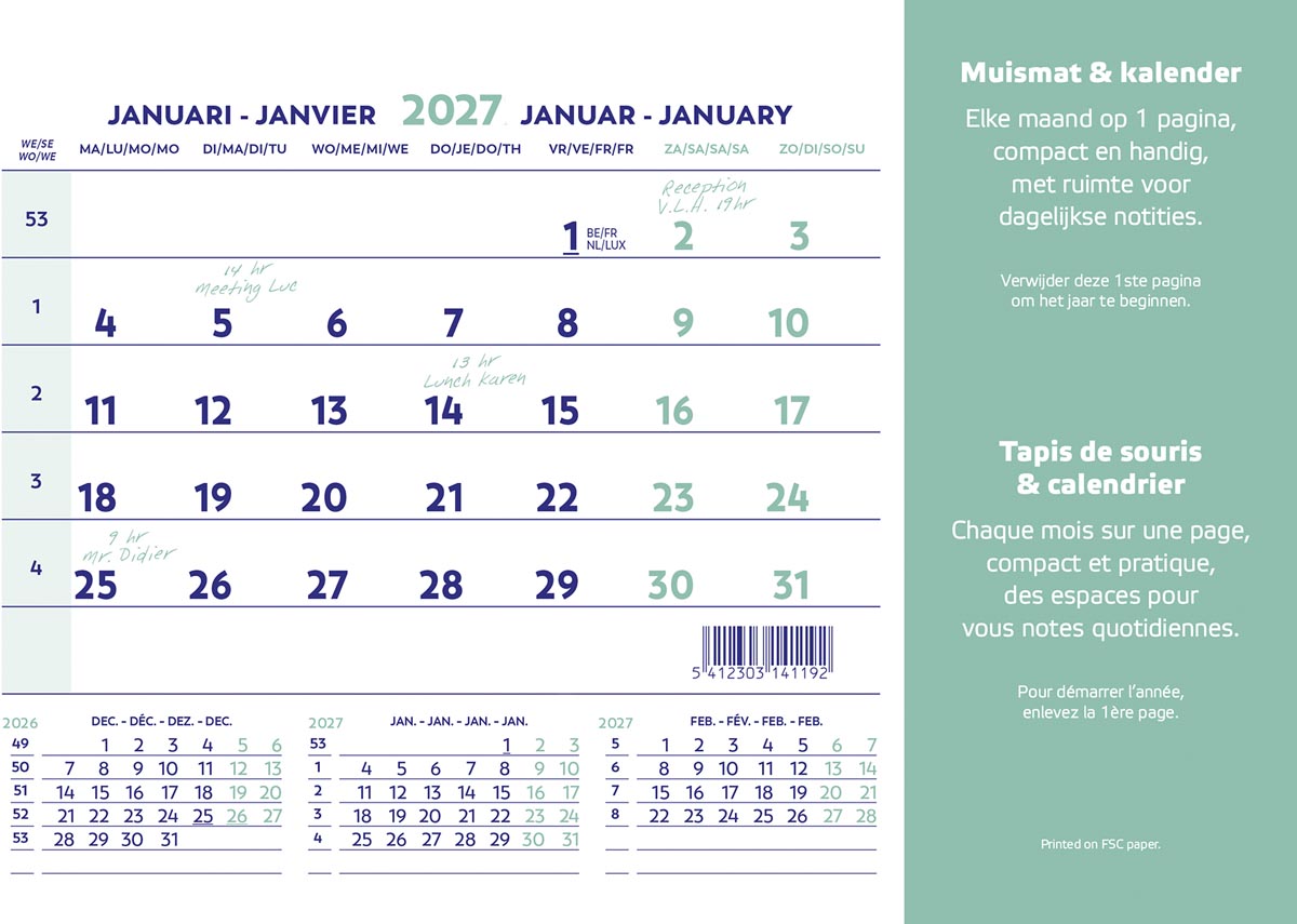 Brepols -   muismatkalender, ft 23X18 cm, Nederlands-Frans, 2027