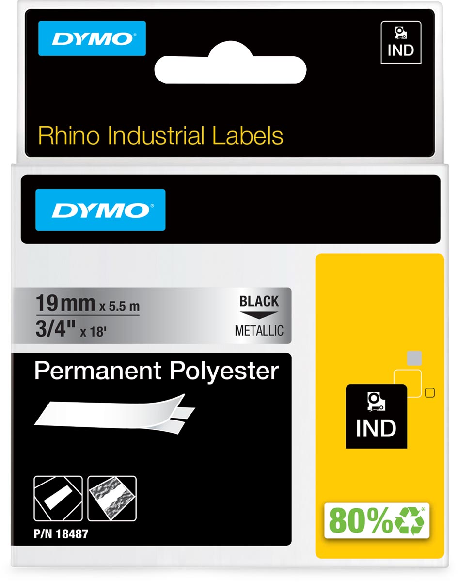 Dymo - Rhino E Polyester permanent 19 mm, noir sur métal