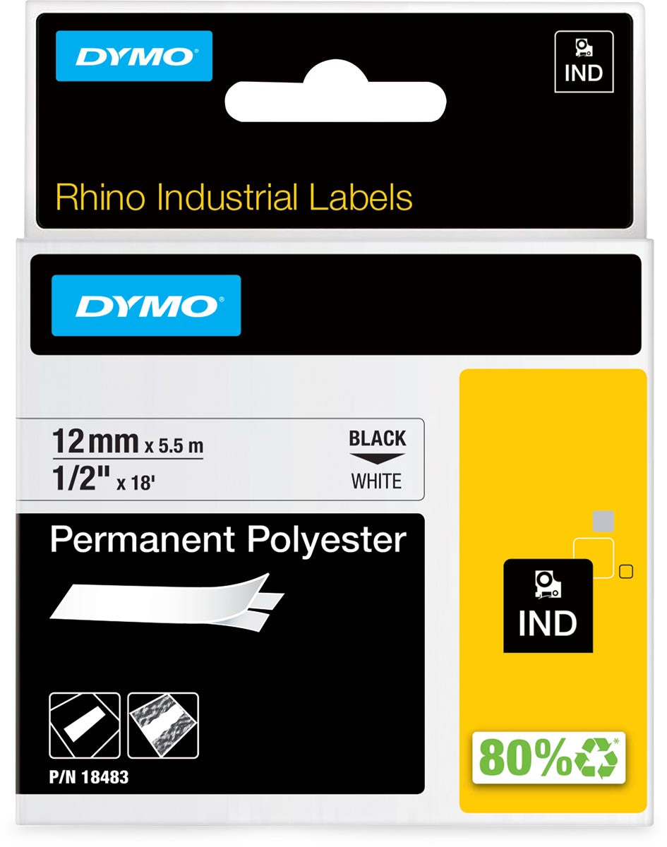 Dymo - Rhino Polyester permanent E 12 mm, noir et blanc