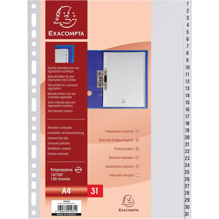 Exacompta - onglets numériques pour ft A4, en PP, 31 onglets, gris