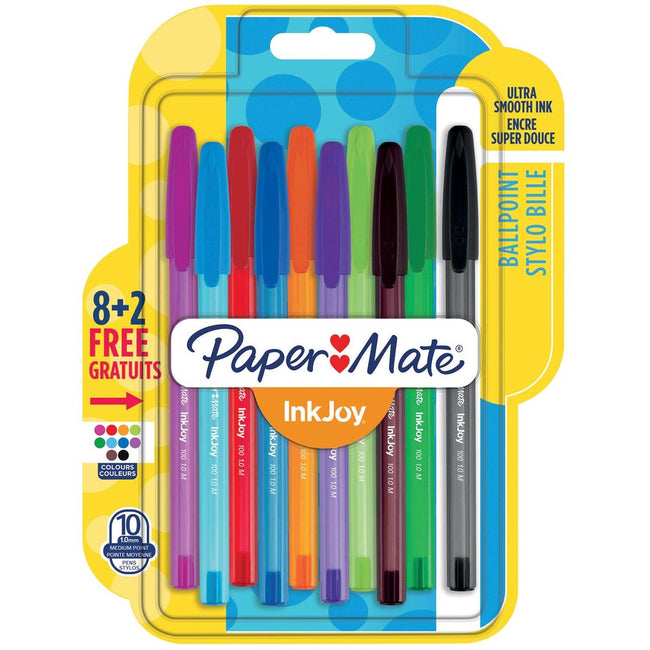 Paper Mate - stylo à bille InkJoy 100 avec capuchon, blister 8 + 2 offerts