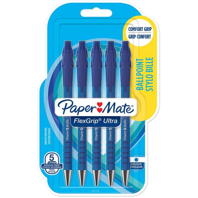 Paper Mate -  balpen Flexgrip Ultra RT medium, blister van 5 stuks, blauw
