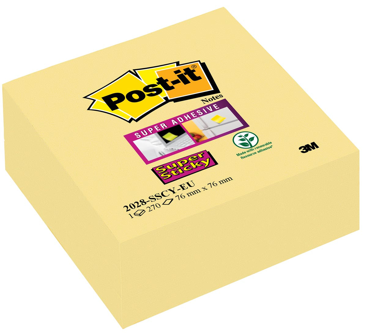 Post -it - Super Sticky Notes Kubus, 270 Blatt, ft 76 x 76 mm, Gelb