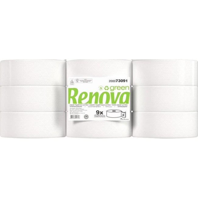 Renova - Grünes Toilettenpapier, 2-lagig, 250 Meter, Packung mit 9 Rollen