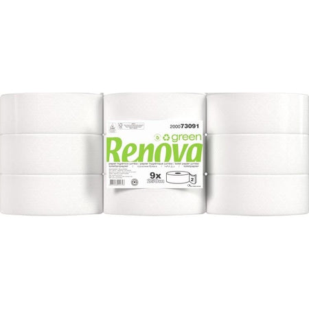 Renova - Papier toilette vert, 2 épaisseurs, 250 mètres, paquet de 9 rouleaux