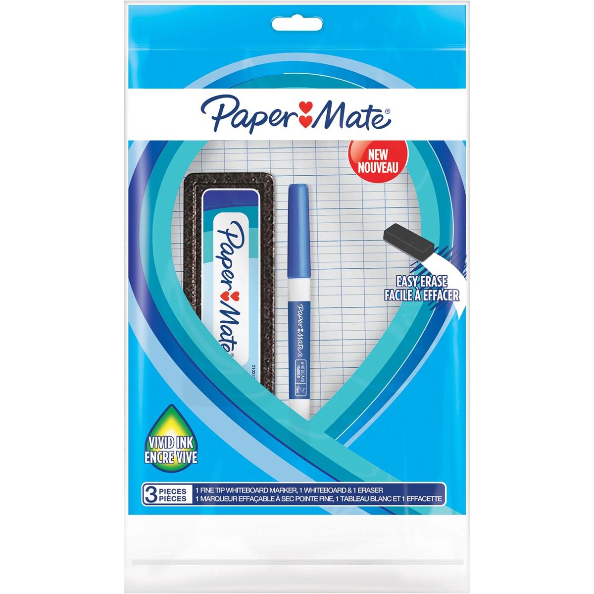 Paper Mate - Marqueur de tableau blanc avec un point fin, ensemble de 3 pièces, bleu