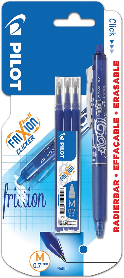 Pilot - rouleau gel Frixion Ball Clicker, blister de 4 pièces (1 rouleau gel + 3 recharges), bleu