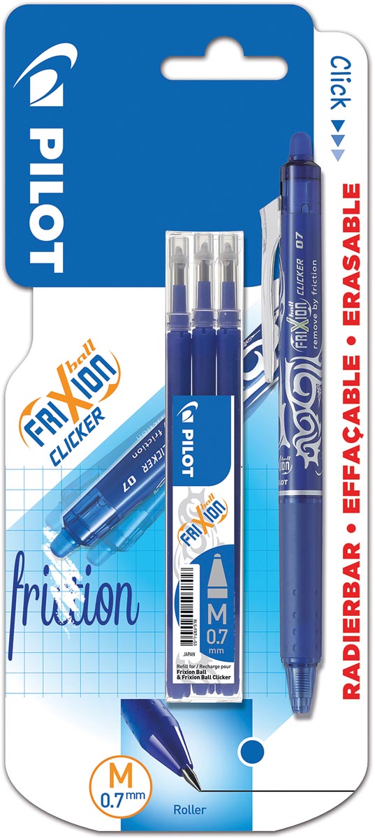 Pilot - rouleau gel Frixion Ball Clicker, blister de 4 pièces (1 rouleau gel + 3 recharges), bleu